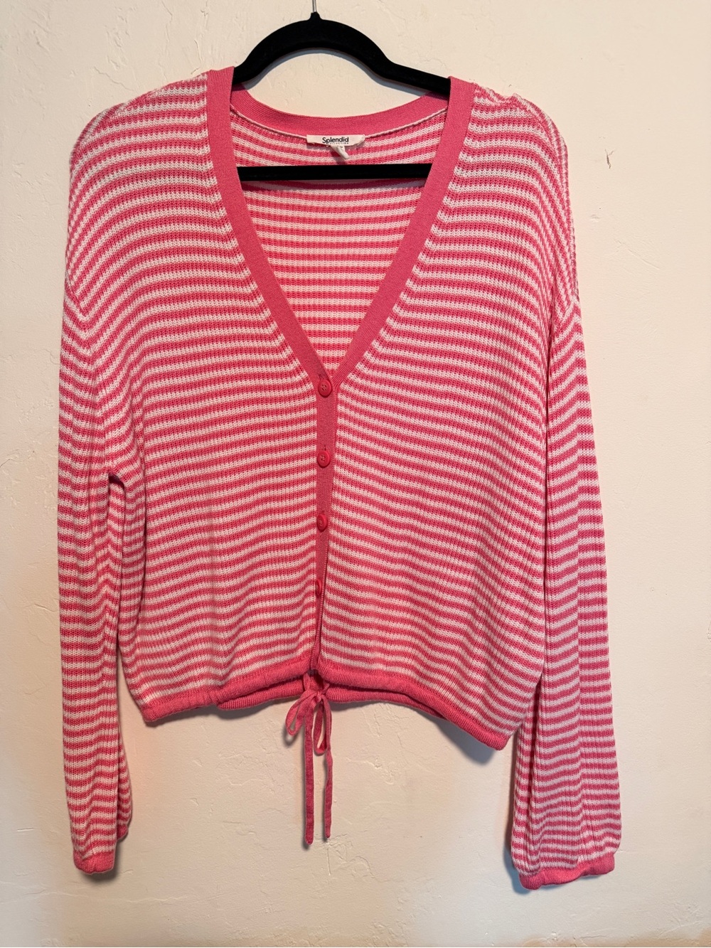 Splendid Pink & White Striped V-Neck Tie-Front Cardigan